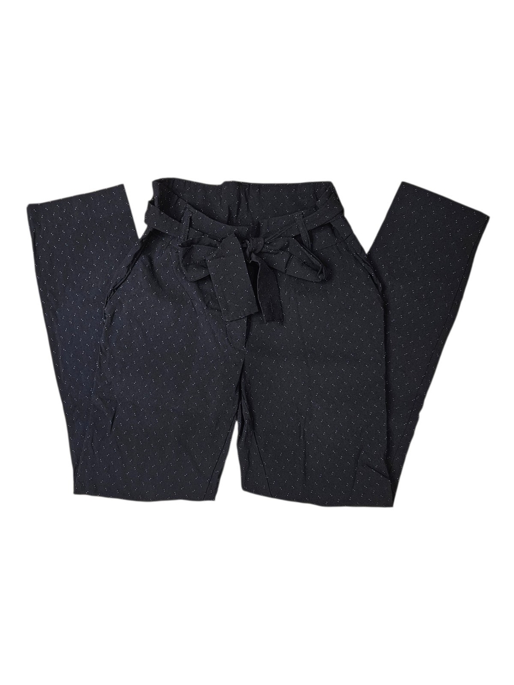 Women’s Navy Blue Paperbag Waist Ankle Pants with Tie